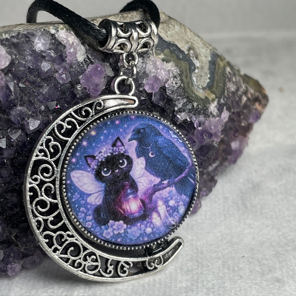 Double Black Cat Double Sided Moon Pendant - Gothic Witchy Jewelry -Artisan - Picture 4 of 16